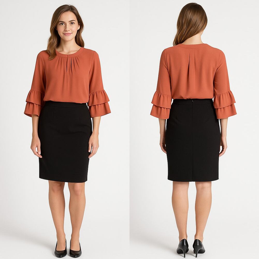 Alex Marie Rust Orange Ruffle Bell Sleeve Blouse Size Large Office Chic